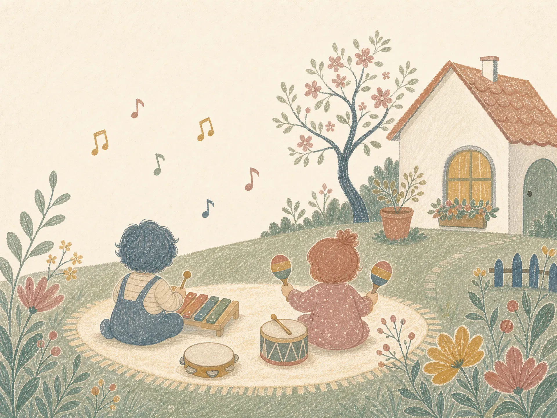 Illustration: Kinder spielen mit kleinen Instrumenten auf einem Teppich